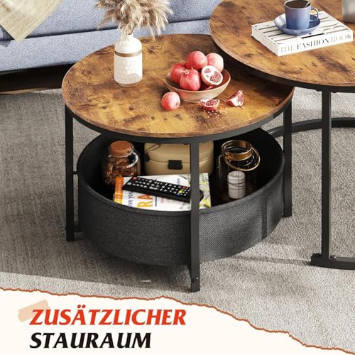 WLIVE Couchtisch 2er Set, 80 Durchmesser Groß Wohnzimmertisch, 60 Durchmesser Beistelltisch Rund mit Stauraum, Metallgestell, Kaffeetisch für Wohnzimmer (Rustikales Braun) – Bild 7