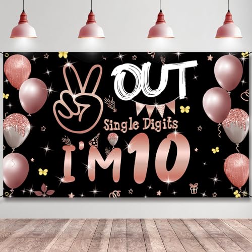 PHXEY Fabric 10th Birthday Backdrop Banner Rose Gold, Happy 10th Birthday Decorations for Girls, Double Digits 10-Year Old Birthday Party Photo Props Background Yard Sign Decor Supplies