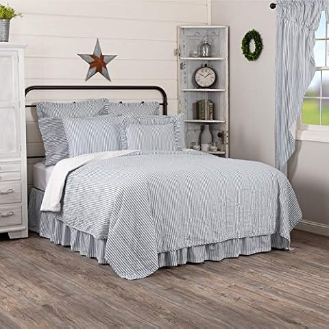 VHC Brands Sawyer Mill Ticking Striped Cotton Farmhouse Pre-Washed California King Bedding Accessory, Quilt 130x115, Blue Denim Cover