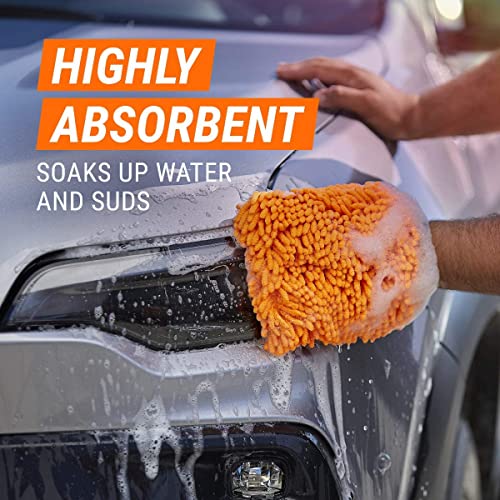 Image of OAN Car Wash Mitt - Scratch-Free Waterproof Chenille Microfiber Washing Mitts, Cleaning Gloves for Dirt & Bugs - Premium Sponge Cloths for Cars, Bikes, Office, and Home - 2 Pack (Orange)