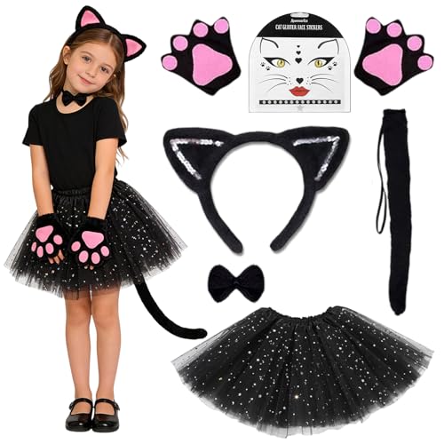 Eymobad Costume de chat pour enfant - 5 pièces - Avec jupe en tulle, bandeau oreilles de chat, queue de chat, cravate, gants, costume de carnaval pour enfant