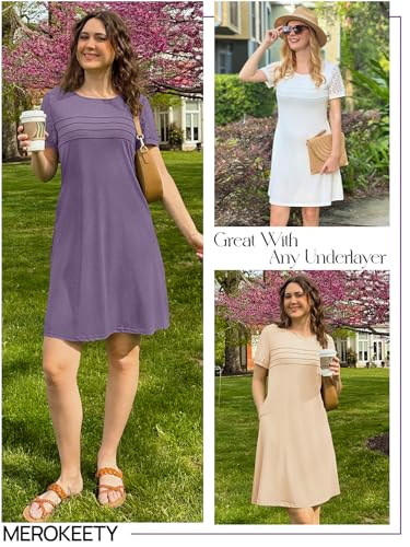 Image of MEROKEETY Women's Summer Short Lace Sleeve T Shirt Dress Casual Crew Neck Pleated Front Shift Dresses