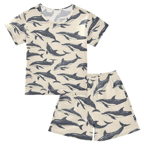 ALAZA Dolphin Fish Retro Pajamas Short Sleeve 2 Piece Sleepwear Top and Bottom Pajama Set Unisex