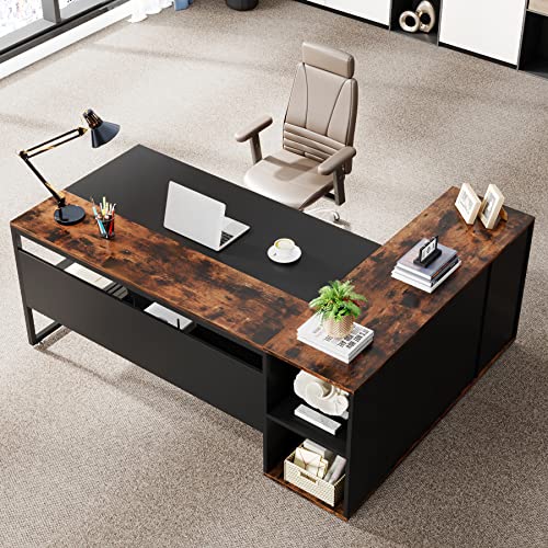 Image of Tribesigns 71 inch Executive Desk, L Shaped Desk with Cabinet Storage, Executive Office Desk with Shelves, Business Furniture Workstation for Home Office, Brown and Black