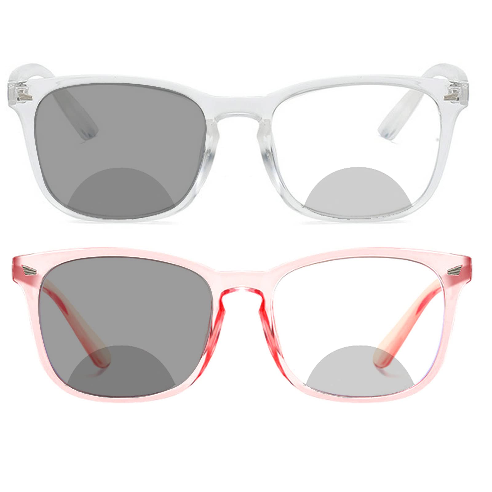 mincl Transition Sunglasses Photochromic Business Bifocal Reading Glasses Men Women 2 pairs Fashion Light Far and Near Presbyopia (clear&pink, 1.75, multiplier_x)