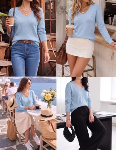 Image of Zeagoo Womens Sweaters Fall Trendy Casual Long Sleeve Shirt Lightweight V Neck Off Shoulder Crochet Pullover Top Outfit