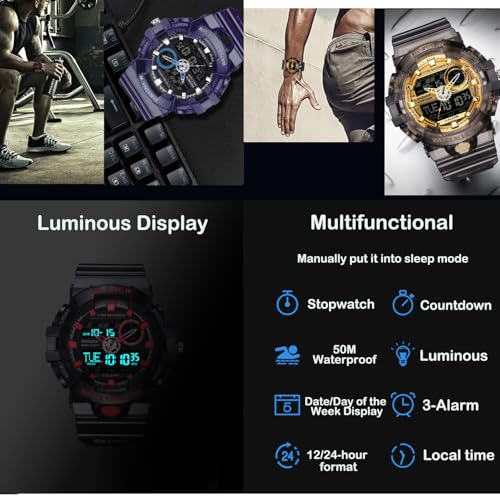 Image of PASNEW Boys' Watches - Dual Display, Large Dial Sport Watch, Black Outdoor Watch for Boys & Teens - Waterproof