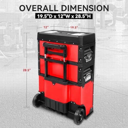 Image of Auto Dynasty Stackable Tool Box 3-Tier Tool Separate Organizer Rolling Tool Chest with Wheels 3-in-1 Upright Trolley for Garage or Workshop, Red