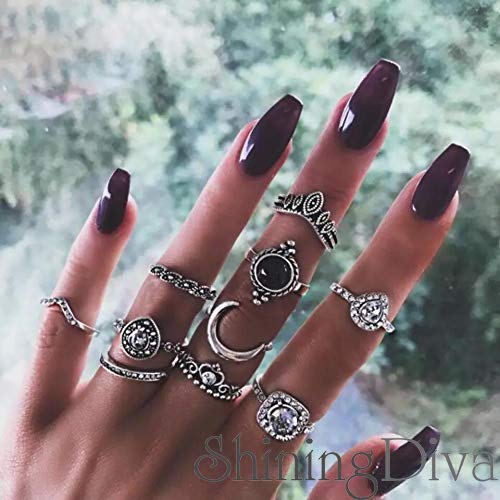 Boho Midi Finger Oxidized Crystal Ring Set of 10