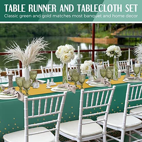 Image of Breling 8 Pack Green and Gold Disposable Plastic Tablecloths and Satin Table Runner Set, 54 x 108 Inch Tablecloth, 12 x 108 Inch Table Runners for Wedding Graduation Birthday Baby Shower New Year