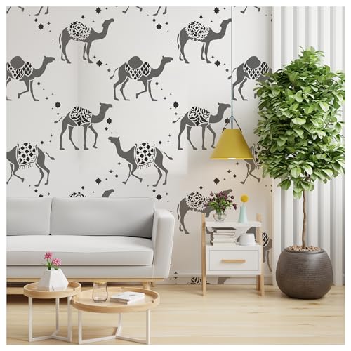 Image of Kayra Decor Large Camel Safari Wall Stencil -Pack of 1, Sheet Size 24 x 36 inch|Design Size 21 x 30 inch.