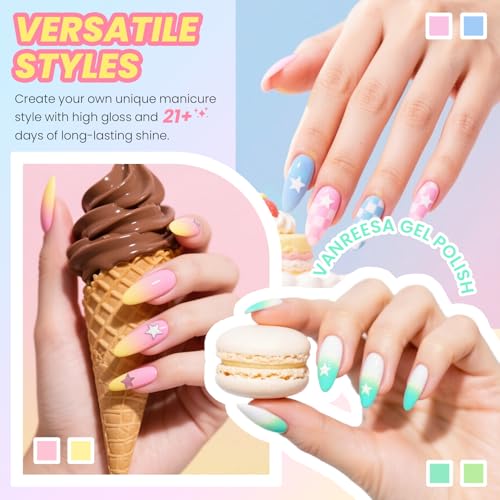 VANREESA 24 Pcs Pastel Gel Nail Polish Set, 21 Colors Spring & Summer Gel Polish with Base Coat Glossy & Matte Top Coat Yellow Green Blue Pink Purple Orange Gel Polish Kit Nail Kit Gifts for Women - Image 5