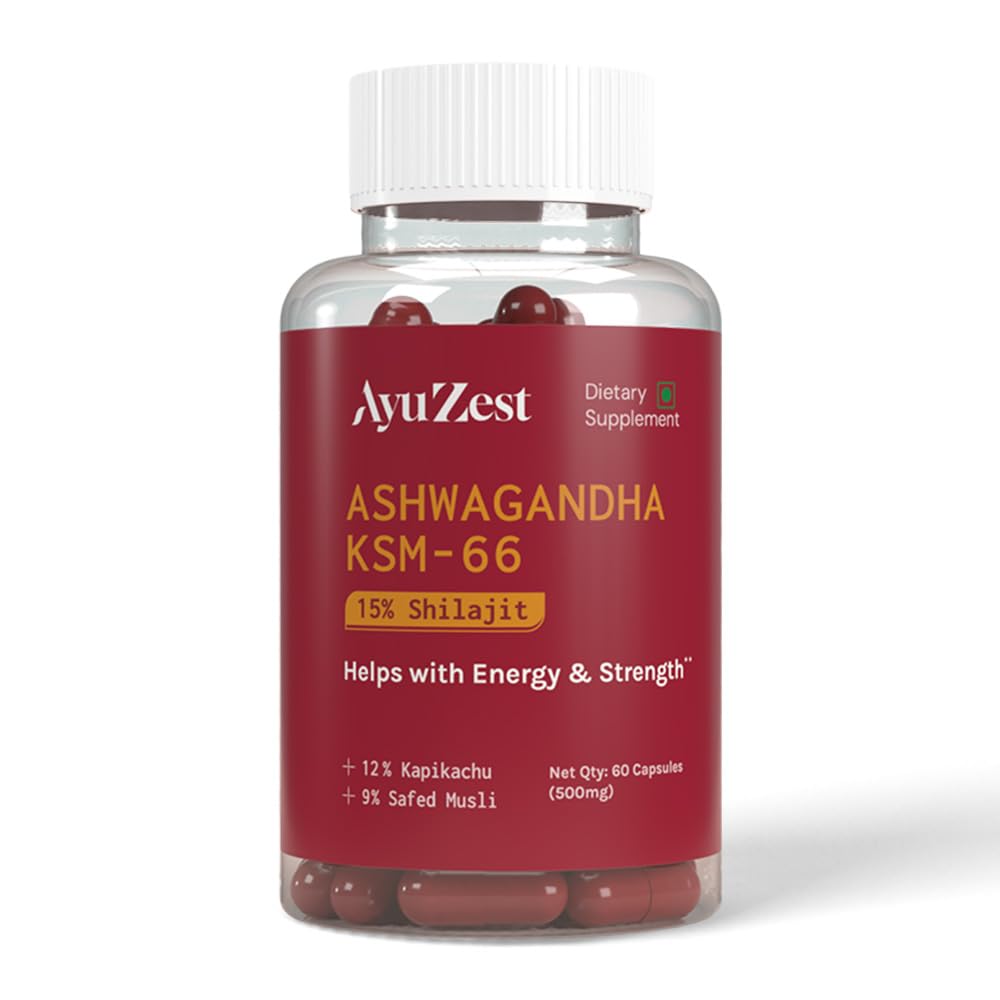 AyuZest Premium Ashwagandha KSM 66 with 15% Shilajit – for Potency & Vitality, Stress Relief, Energy & Immune Support Supplement, 60 Capsules for Men (Pack of 1)