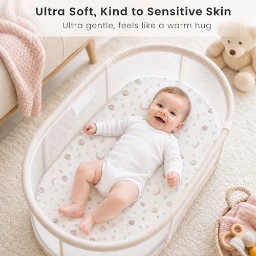 Image of 4 Pack Baby Bassinet Sheets 20 inch x 35 inch Compatible with Newton, Ezebaby, Angelbliss, AMKE(3 in 1) & Other Large Bedside Sleeper - Soft Breathable Bassinet Fitted Sheets for Girl - Light Pink & Star