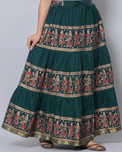 Image of Women's Cotton Printed Long Skirt | Ethnic Folk Print Tiered Maxi Skirt for Women | Elastic Waist Flared Boho Skirt | Traditional Casual for Women