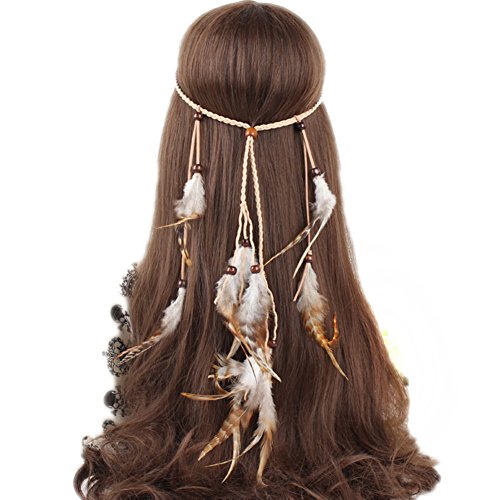Très Chic Mailanda Femme Bandeau Cheveux Hippie Exotique Cavanal avec Plume Perle Gland Coiffure Cosplay Déguisement (F66-blanc 2)