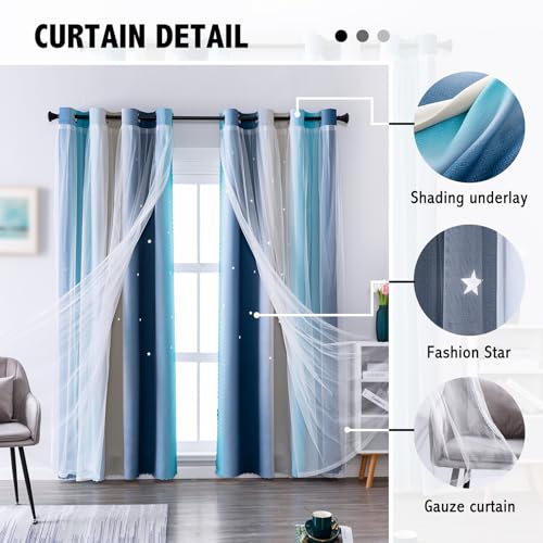 Image of indistar Star Blackout Curtains for Girls Kids Bedroom, Colourful Stripe Window Curtain Panels, 2 Layer Lace Drapes, Room Darkening Curtain for Living Room Decor, 1 Panel(Blue W52 x L63 inch)