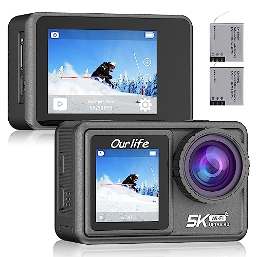 Ourlife-Action-Camera-5K-30FPS-Ultra-HD-Waterproof-Camera-with-Gyro-Stabilization-48MP-Photos-Front-LCD-and-Touch-Rear-Screen-2-Batteries-FastSlow-Motion-Video-Wind-Noise-Reduction-Diving-Mode