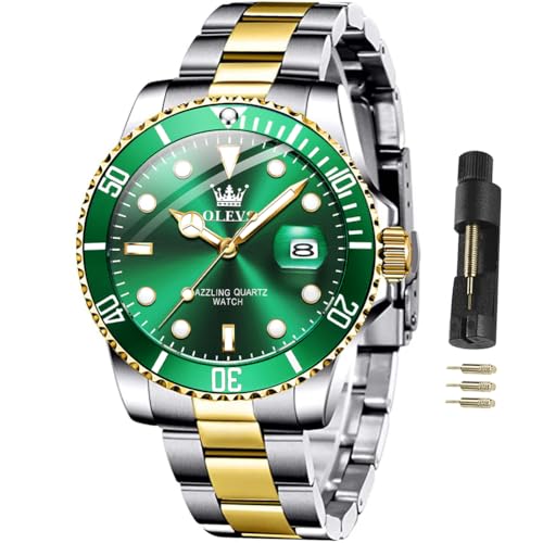 Image of OLEVS Watches for Men Classic with Date Business Dress Luxury Big Face Green /Black /Blue Waterproof Luminous Mens Wristwatch Analog Two Tone Stainless Steel Male Watch
