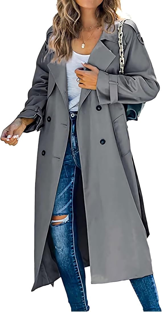 Womens Windproof Trench Coat Notched Lapel Double Breasted Long Overcoat Casual Fall Winter Windbreaker Outerwear