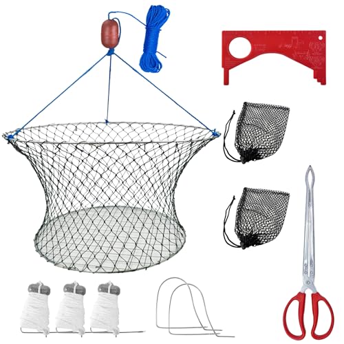 Aqwxc 1 Pack Double Ring Crab Trap - Steel Ring Crab Net, 24' Top, 20' Bottom, 50' Rope, Clip, Gauge for Dungeness, Rock and Blue Crab（KIT1