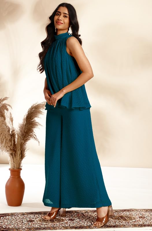 Image of Janasya Women's Chiffon Woven Design Gathered Co-Ord Set