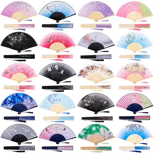 Yulejo 20 Pcs Vintage Line Dance Hand Fan Silk Handheld Foldable Fan with Bamboo Framed Fabric and Elegant Tassel for Wedding Dance Parties Church Events Rave Performances Cosplay (Vivid Style)