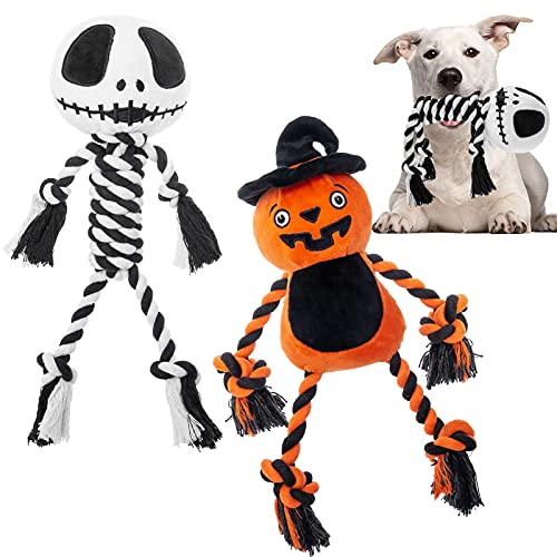 PAWCHIE Dog Squeaky Toy Halloween Chew Toys - 2 Pack Pumpkin and Skull Dog Rope Toys, Pet Soft Plush Toys for Small Medium Large Dogs