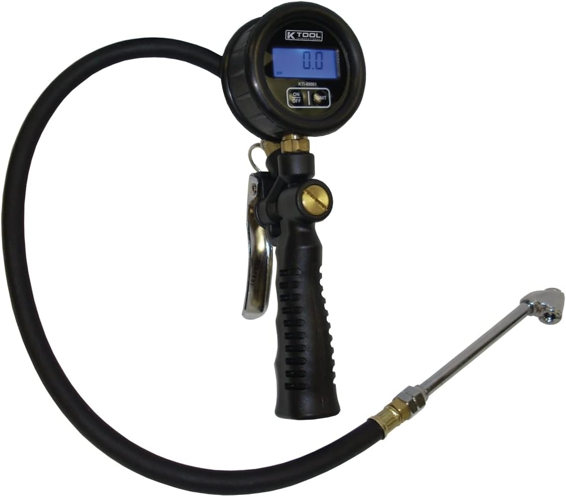 K Tool International 89001 Digital Tire Inflator and Pressure Gauge, Dual Head Chuck, Inflate Deflate Lever, Large LCD Display, Rubber Protected Body, Multi Unit Measurement Support