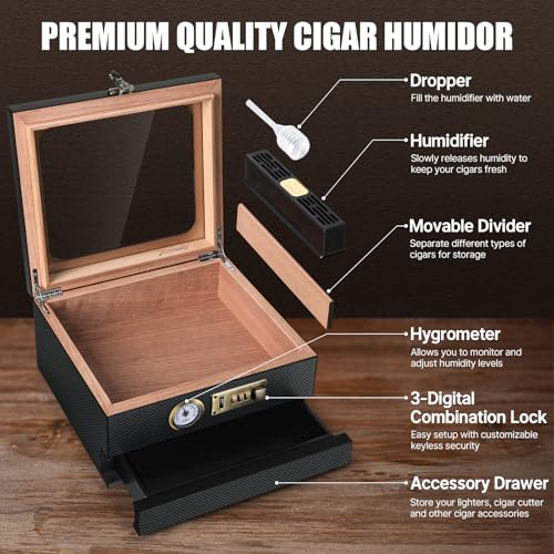 Image of Tesonway Cigar Humidor, Cedar Wood Humidor Cigar Box, Glass Top Desktop Humidor with Front Hygrometer, Humidifier, Divider, Accessories Drawer and Combination Lock, Cigar Gifts for Men (Carbon Black)