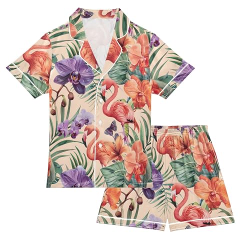 ALAZA Floral Flamingo Palm Leaves Satin Pajamas Set Short Sleeve Button Down Sleepwear Summer Pjs 2 Piece