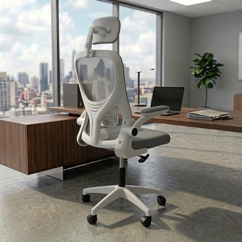 Image of NORMAN JR Grey White | High Back Imported Mesh Fabric Boss Office Chair | Y Design Ergonomic Back Support | 2D Aero Design Adjustable Armrests | Synchro Tilt Lock Mechanism Support