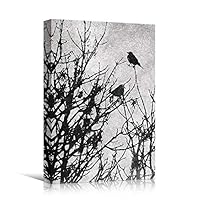 SIGNWIN Canvas Wall Art Silhouette of Birds Perched on Tree Branch with Fruits Nature Forest Abstract Modern Scenic Dramatic Black and White for Living Room, Bedroom, Office - 12x18 inches