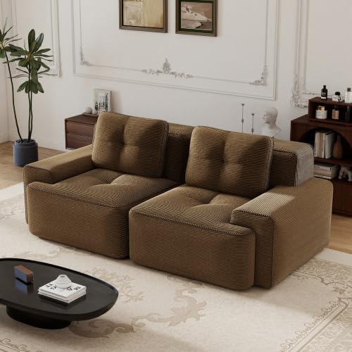 Image of 82 inch Modern Modular Boneless Couch for Living Room, 2 Seat, Soft Corduroy Fabric, Deep Seat Cloud sectional Sofa with Pearl Like Piping and Tufted Design, No Assembly, Anti Slip, Brown