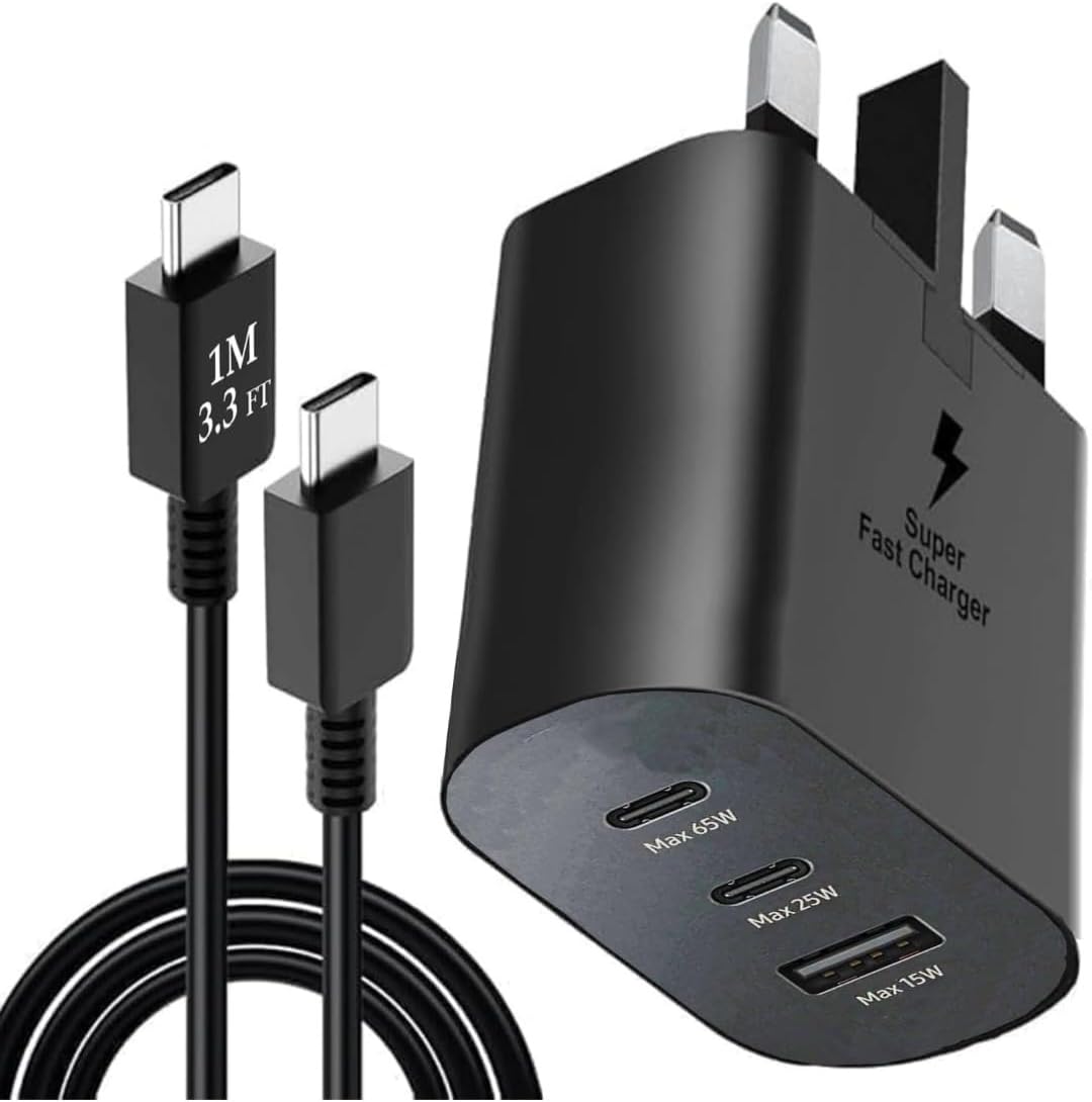 65W Super Fast Charger, 3 Port for All Type of Mobiles Phones | 3-Ports: USB-C(PD3,0 PPSMax65-W), USB-C(PD 3,0 PPS Max 25-W), USB-A(Max15-W) (Adapter with 1M Type_C Cable) 65W Super Fast Charger, 3 Port for All Type of Mobiles Phones | 3-Ports: USB-C(PD3,0 PPSMax65-W), USB-C(PD 3,0 PPS Max 25-W), USB-A(Max15-W) (Adapter with 1M Type_C Cable)