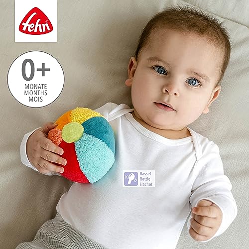 Fehn Rasselball bunt – Greif-Spielball mit Materialmix & Rassel zum Werfen, Greifen, Rollen – fördert Babys motorische Fähigkeiten – für Baby und Kleinkinder ab 0+ Monaten