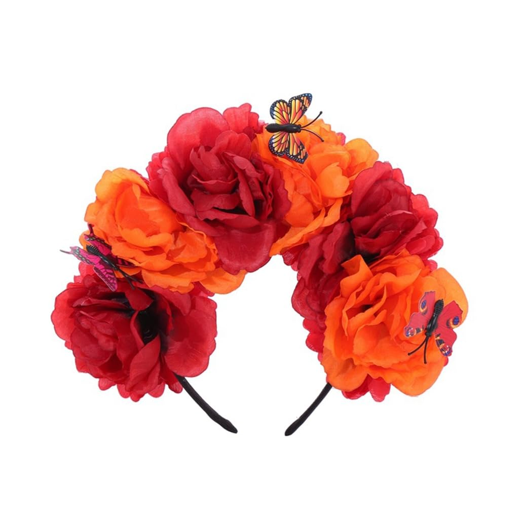 Sodeber Tangerine T Day Of The Dead Headband Halloween Crown With Butterflies Decorations Costume Cosplay Hair Accessory Mexicans