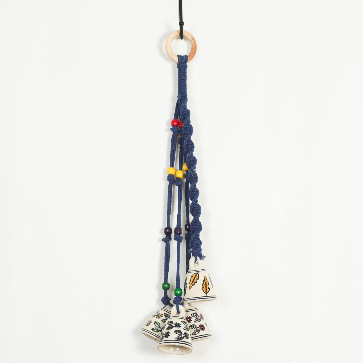 RHD Macrame Wind Chimes for Home Décor | 4 Ceramic Bells with Wooden Ring & Blue Macrame Thread | Handmade Hanging for Diwali, Pooja & Living Space-picture-23