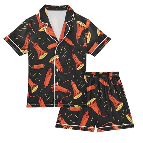 Satin Pajama Sets Short Sleeve Lamp Pattern Print on Black Button Down Silky Nightwear 2 Piece PJS 5-14Y