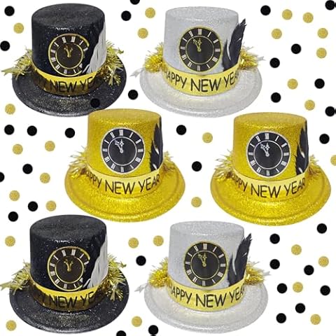 New Years Eve Party Supplies 2025 I 6 Pcs Adults Black Silver and Gold Glitter Top Hats with Feather 2025 New Years Decoration Hats New Year's Celebration Hats for New Years Eve Party Supplies Cover