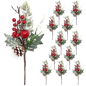 Artificial christmas picks 12 pcs 12 pine branches red berry twig stems pinecones holly snow flocked spray flowers for christmas tree wreath floral arrangement winter holiday season decor  urban country home decor