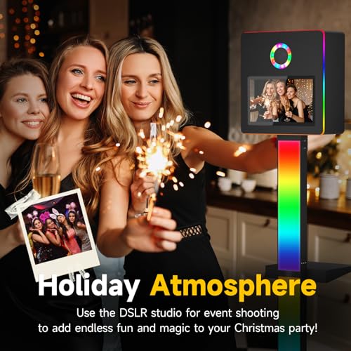 Image of Mirror Photo Booth with 15.6 Interactive Touch Screen DSLR Photo Booth with Flight Case Remote Control RGB Mood Light Instant Print and Share for Professional Party Photography (Black)