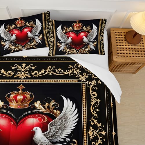 Image of Red Heart Comforter Set Queen Size for Women Girls,Love Pattern Bedding Set 3 Pieces,Crown Love Heart Bird Print Black Paisley Bedding Set,Boho Quilt Set with 2 Pillowcases