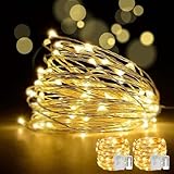 LED fairy String Lights with Remote Control - 2 Set 100 LED 33ft/10m Micro Silver Wire Indoor Battery Operated Firefly String Lights for Garden Home Party Wedding Festival Decorations(Warm White)