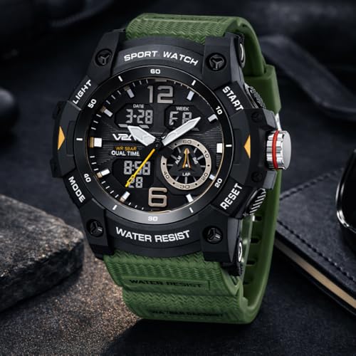 Image of V2A Stryke 50mm Analog Digital Watch for Men | Rugged Guard Bezel Design | Alarm Stopwatch Backlight | TPU Sport Strap | 50M Water Resistant Outdoor Watch | Gift for Mens