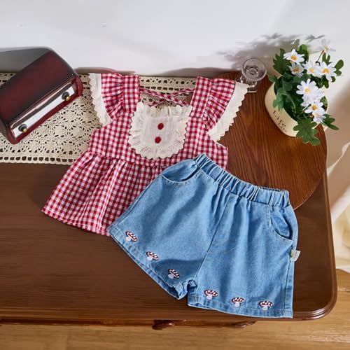 Baby Girl Summer Plaid Top & Denim Shorts Outfit Set - Ideal for 6M - 3T4