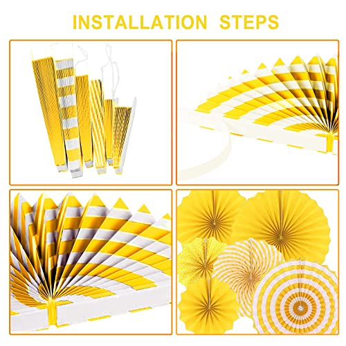 Image of LRCXL 12PCS Party Hanging Paper Fans Set, Fiesta Round Pattern Paper Garlands Decoration Party Supplies for New Year Baby Shower Birthday Wedding Graduation Events Accessories(Yellow)