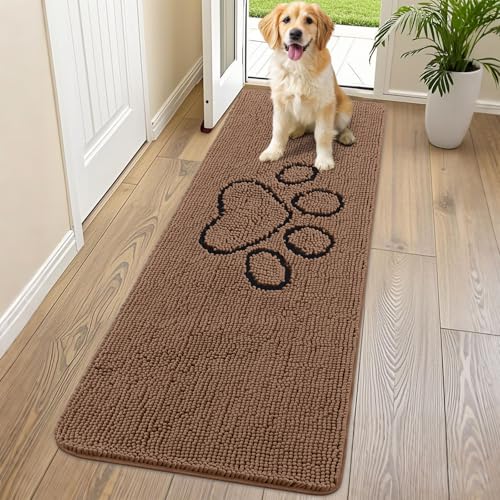 Image of Smiry Dog Door Mat for Muddy Paws, Absorbent Dirt Trapper Non Slip Quick Dry Washable Chenille Mat for Mud Dogs, Entry Rug for Indoor and Outdoor (70x24 Inches, Coffee and Black)