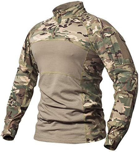 CARWORNIC Gear Men's Tactical Military Combat Shirt Cotton Stretch Army Camo Long Sleeve T Shirt with 1/4 Zip