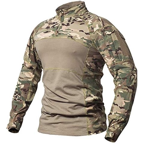 CARWORNIC Men's Tactical Combat Shirt Long Sleeve Military Camouflage T Shirt Lightweight Elastic Cotton Outdoor Camo Army Shirts with 1/4 Zip Cover